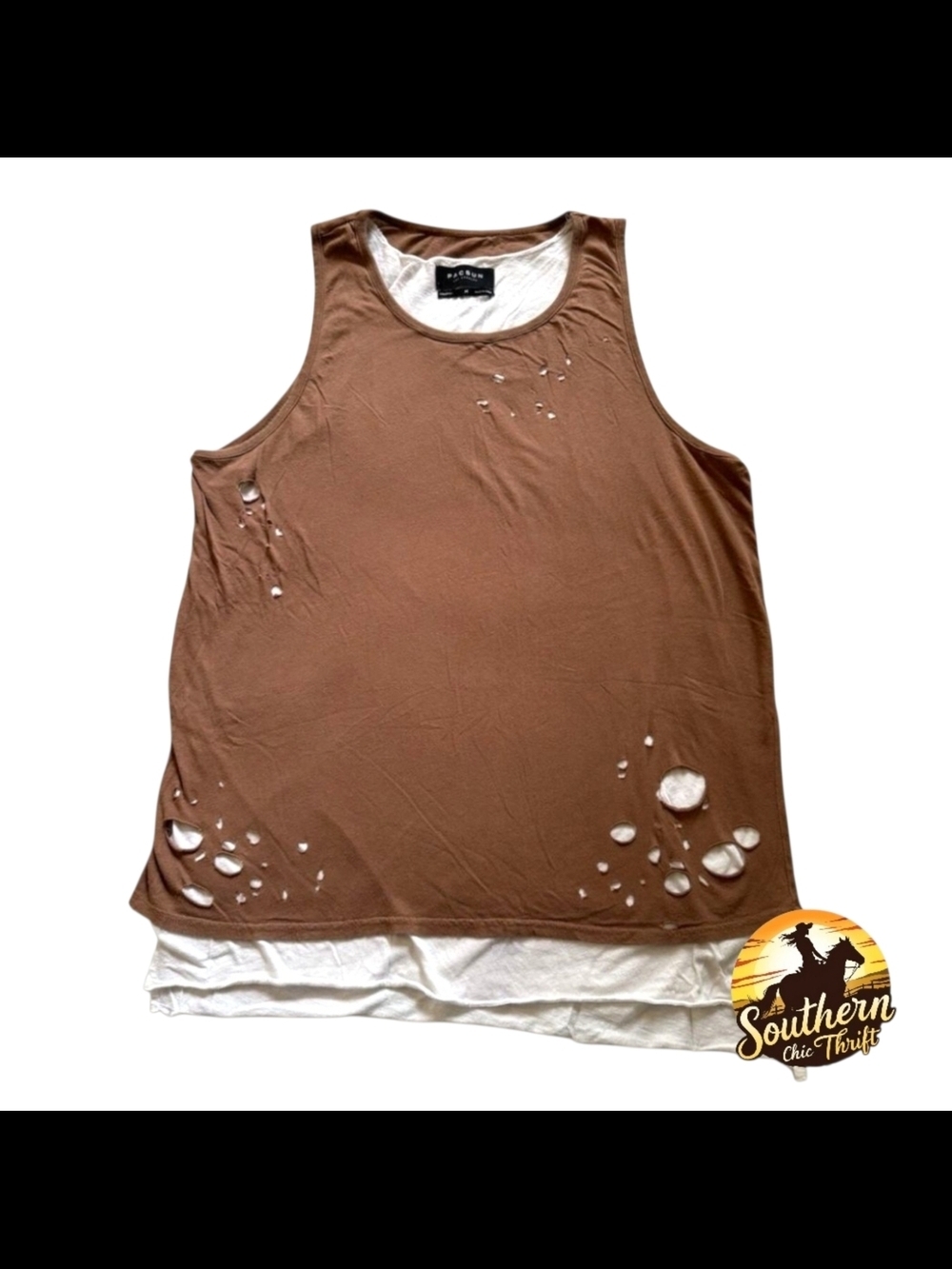 PACSUN - Large Layered Distressed Tank Top in Rustic Brown with White Underlayer